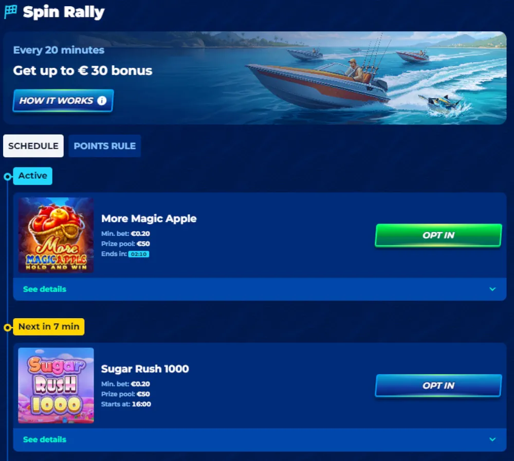 Žebříček Spin Rally BassBet a nedávné statistiky velkých výher.